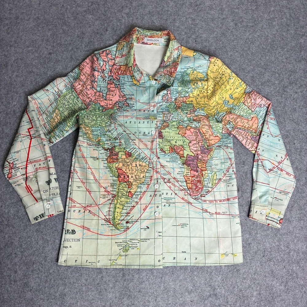 Misslook Vintage World Map Print Blouse Men's Small Long Sleeve Button Up Top